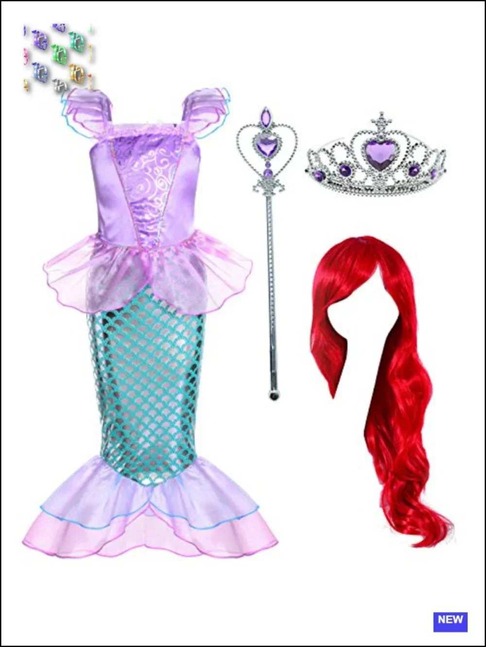 Little Mermaid Girls Costume Dress Wig Crown Wand Halloween Cosplay
